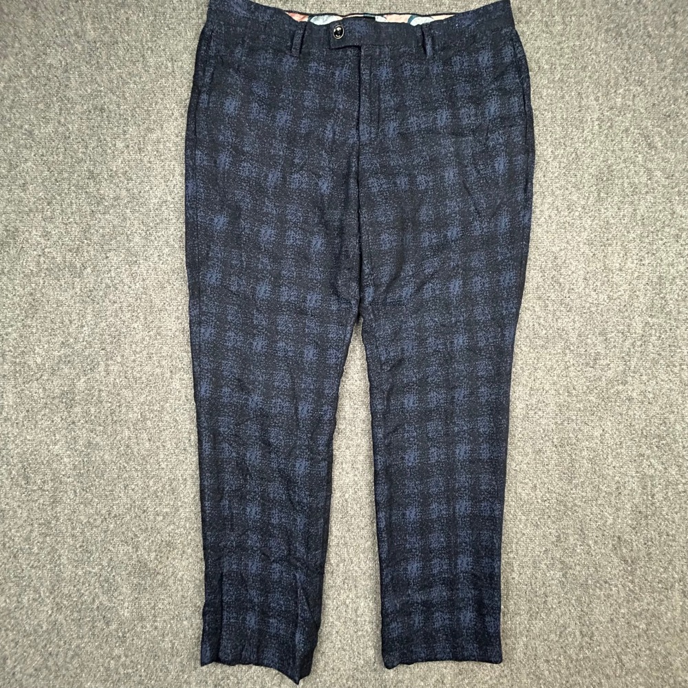 Ted Baker Dortro Trousers Mens 38R Blue Black Textured Check Linen Blend Pants